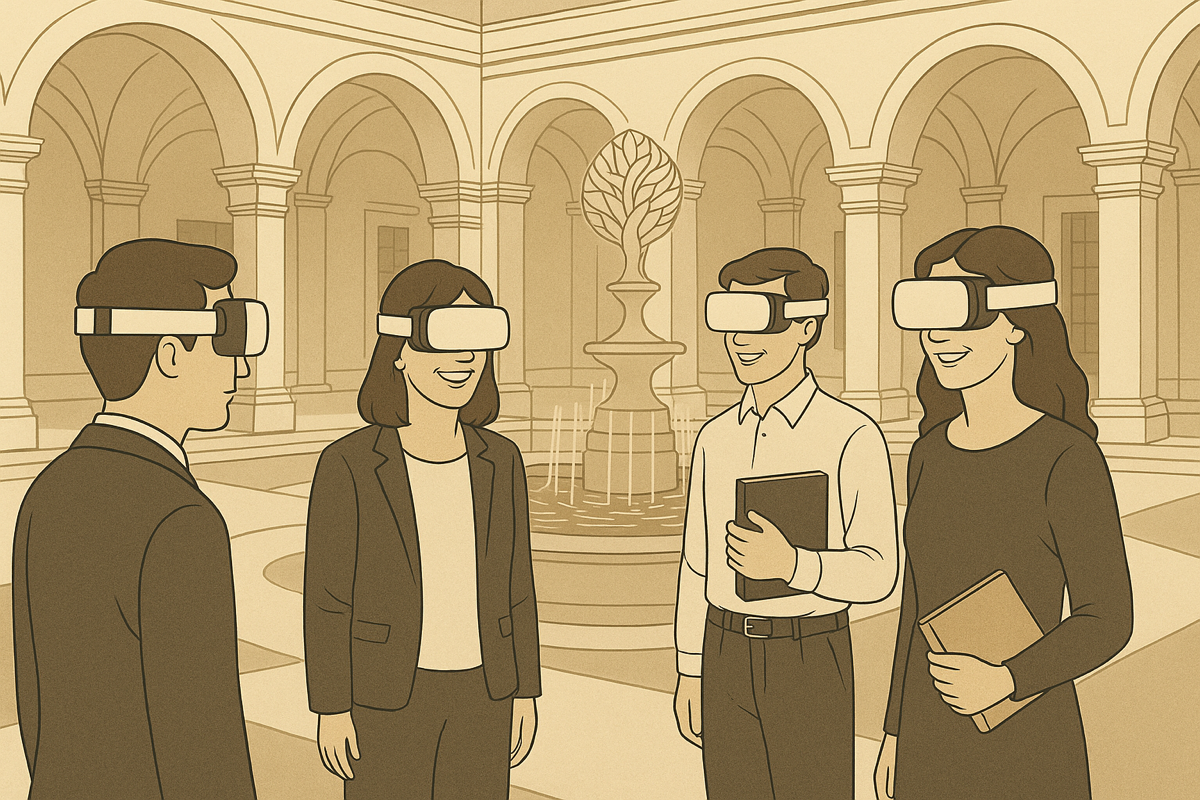Students in a virtual university courtyard using VR headsets